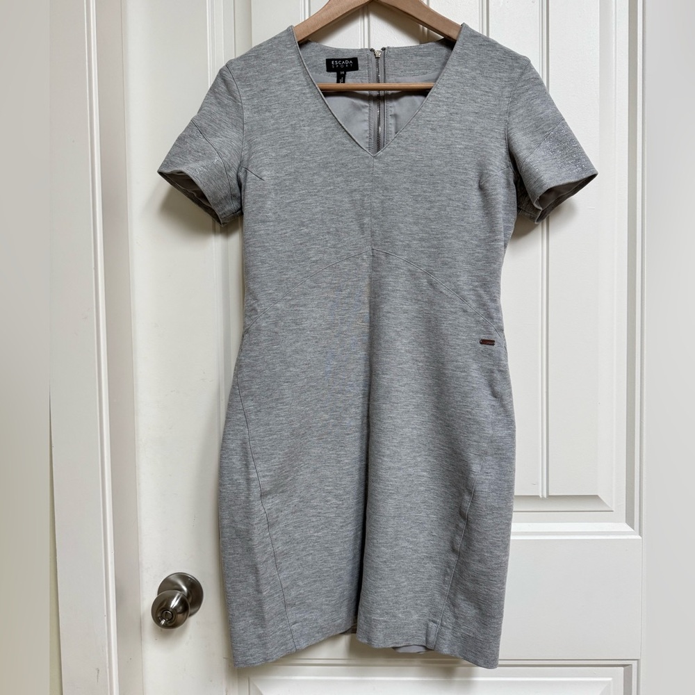 Escada Sport Heather Grey Knit Mini Dress with Glitter Sleeve Accent. EU 36/S